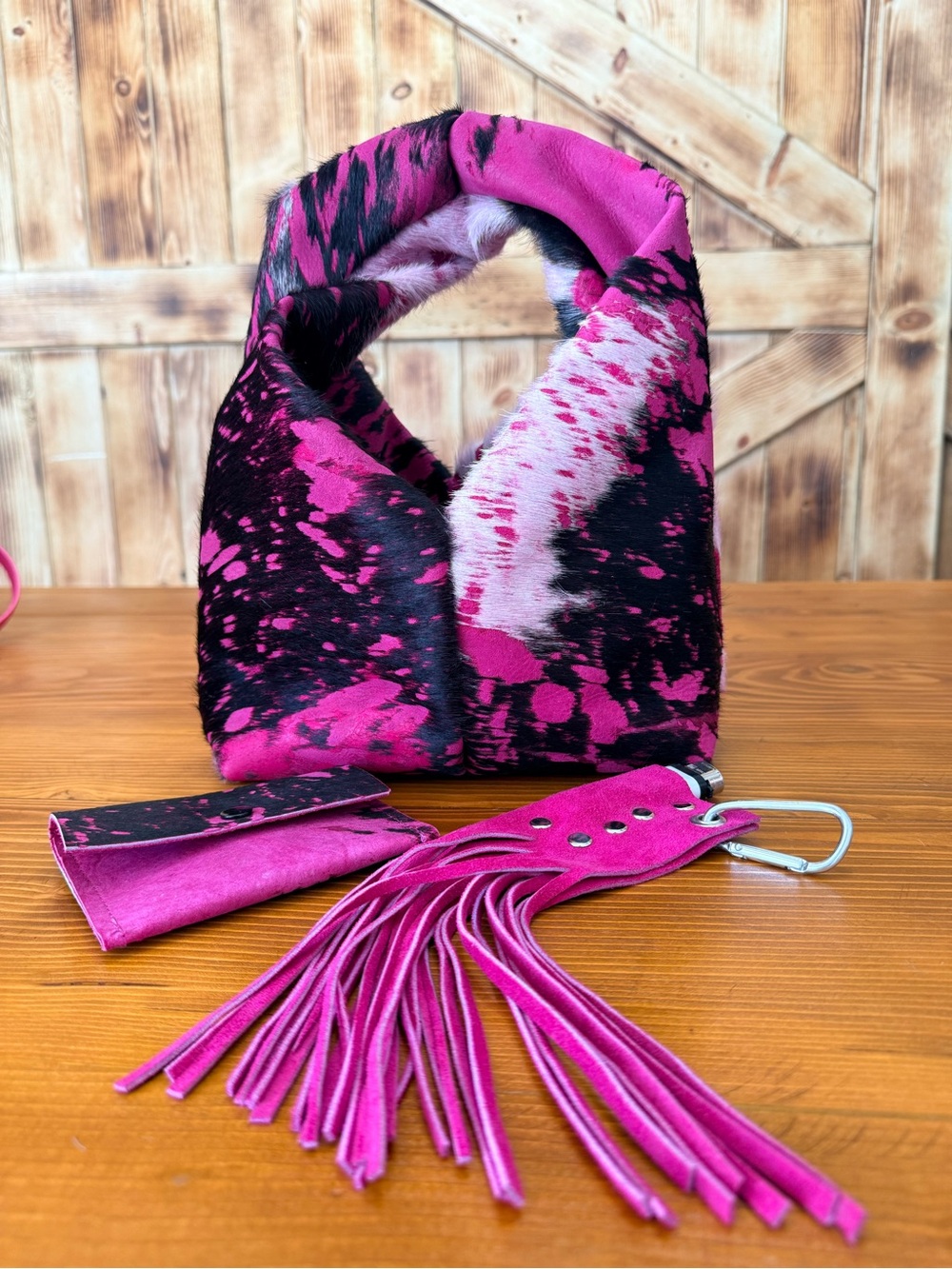 Pink and Black Patterned Women's Scarf Bag with Tassel Accessory
